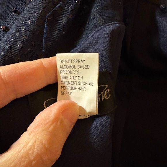 La Femme Navy Ruched Rhinestone Shoulder Gown - Picture 13 of 13